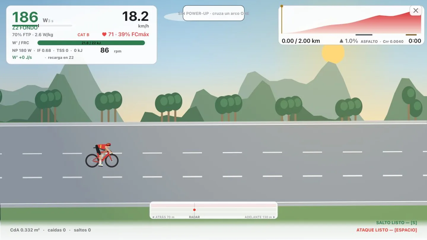 El simulador en marcha: el ciclista subiendo el Alto de Patios con el tablero de potencia, velocidad, W′ y el perfil del puerto.